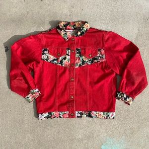 Vintage 80s 90s red denim jacket with floral detail